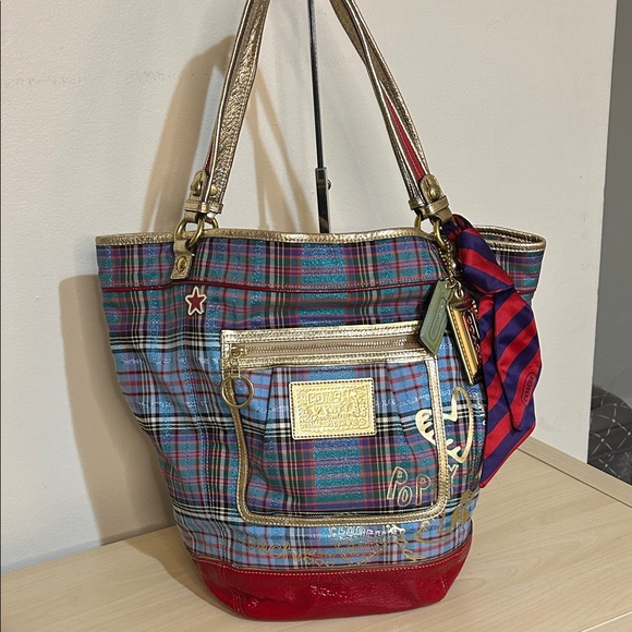 Coach RARE Poppy Tartan Bella Bucket Tote Bag 15887 - Picture 1 of 16